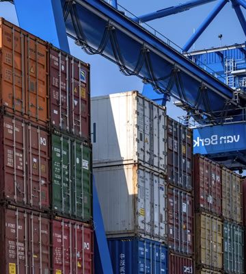 Blue and red cargo containers photo